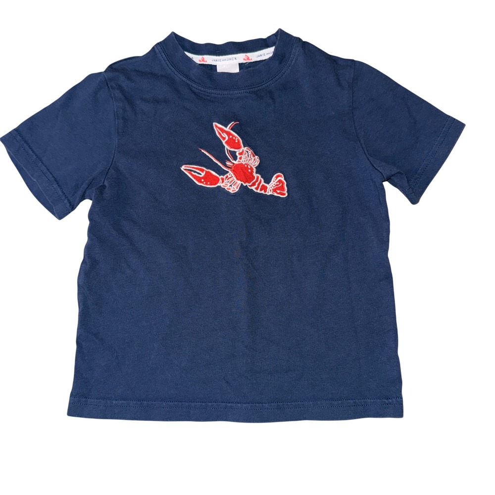 Janie and Jack T-Shirt 2T Navy Blue Lobster Embroidered Short Sleeve Tee